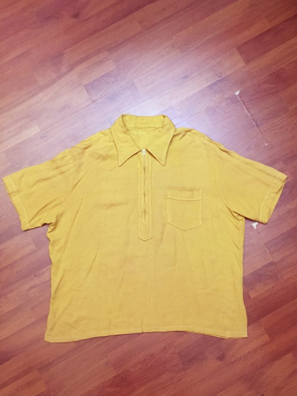 VTG 60s 70s Men's Mod Quarter Zip Dagger Collar Rayon Polo Shirt Gold sz XL